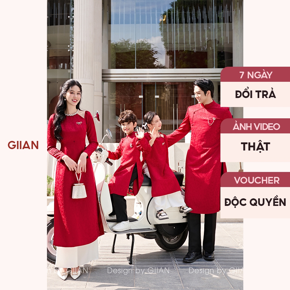 Áo dài cách tân gia đình tết đỏ thiết kế lụa gấm thêu phối đá chính hãng Giian  AD0661-64