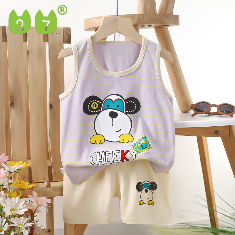 27Kids Trẻ em Vest Set Cotton cô gái mùa hè trang phục Hàn Quốc trẻ em phiên bản mới 2024 mùa hè bé 