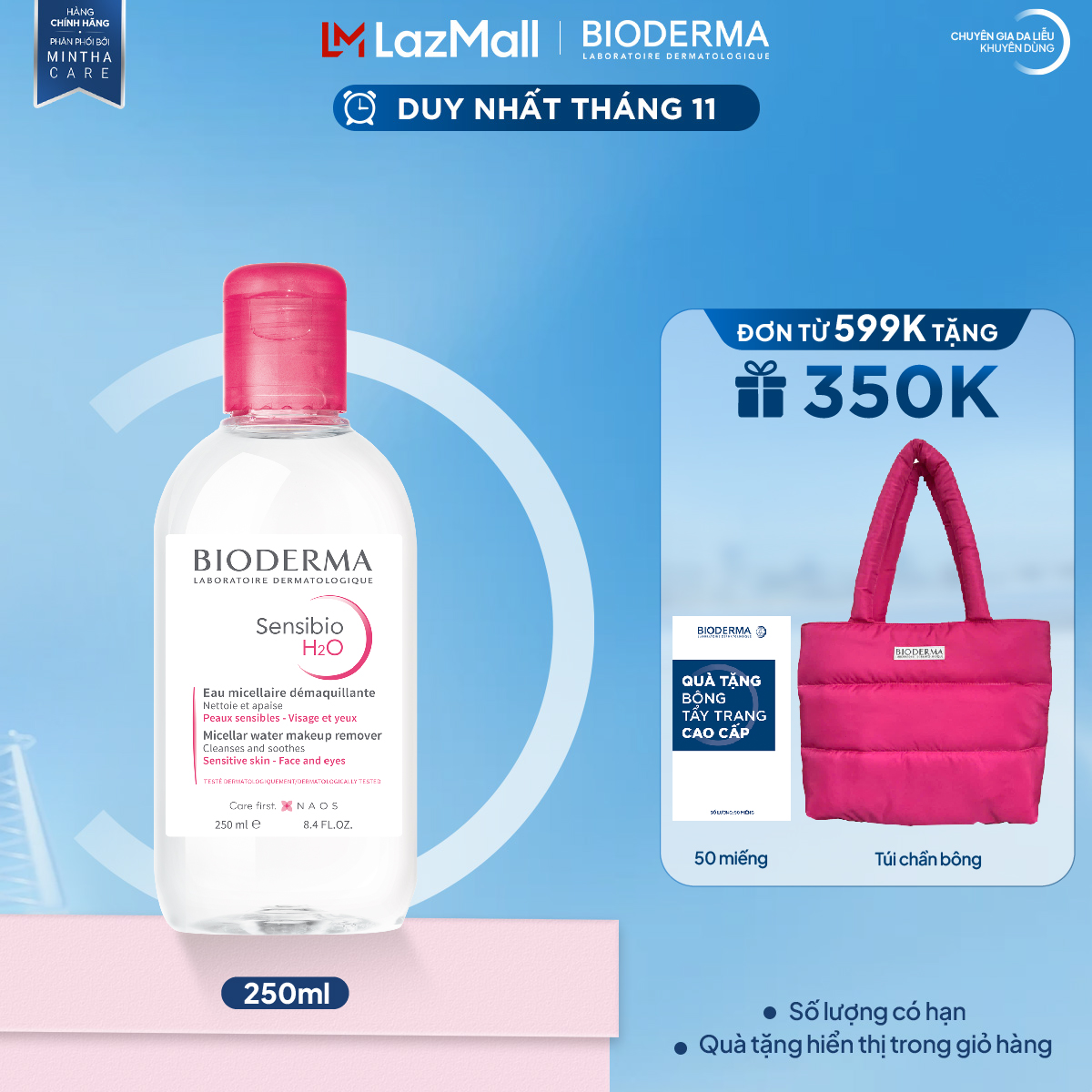 Dung dịch làm sạch và tẩy trang micellar cho da thường và da nhạy cảm Bioderma Sensibio H2O - 250ml