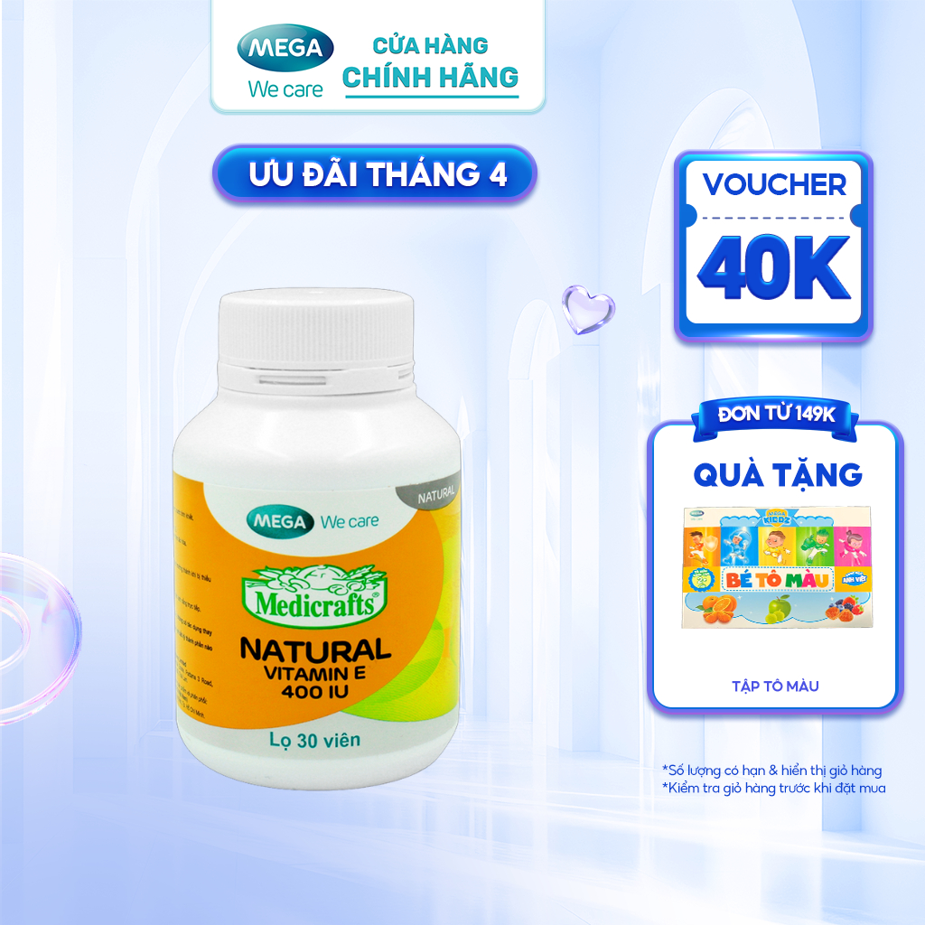 Viên uống Vitamin E thiên nhiên, làm đẹp da - MEDICRAFTS NATURAL VITAMIN E 400 IU Mega We Care - Chai 30 viên