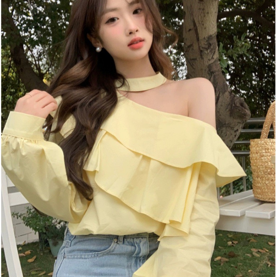 Áo sơ mi nữ trễ vai dài tay phong cách  ulzzang  áo sơ mi trắng nữ trễ vai phong cách hàn quốc