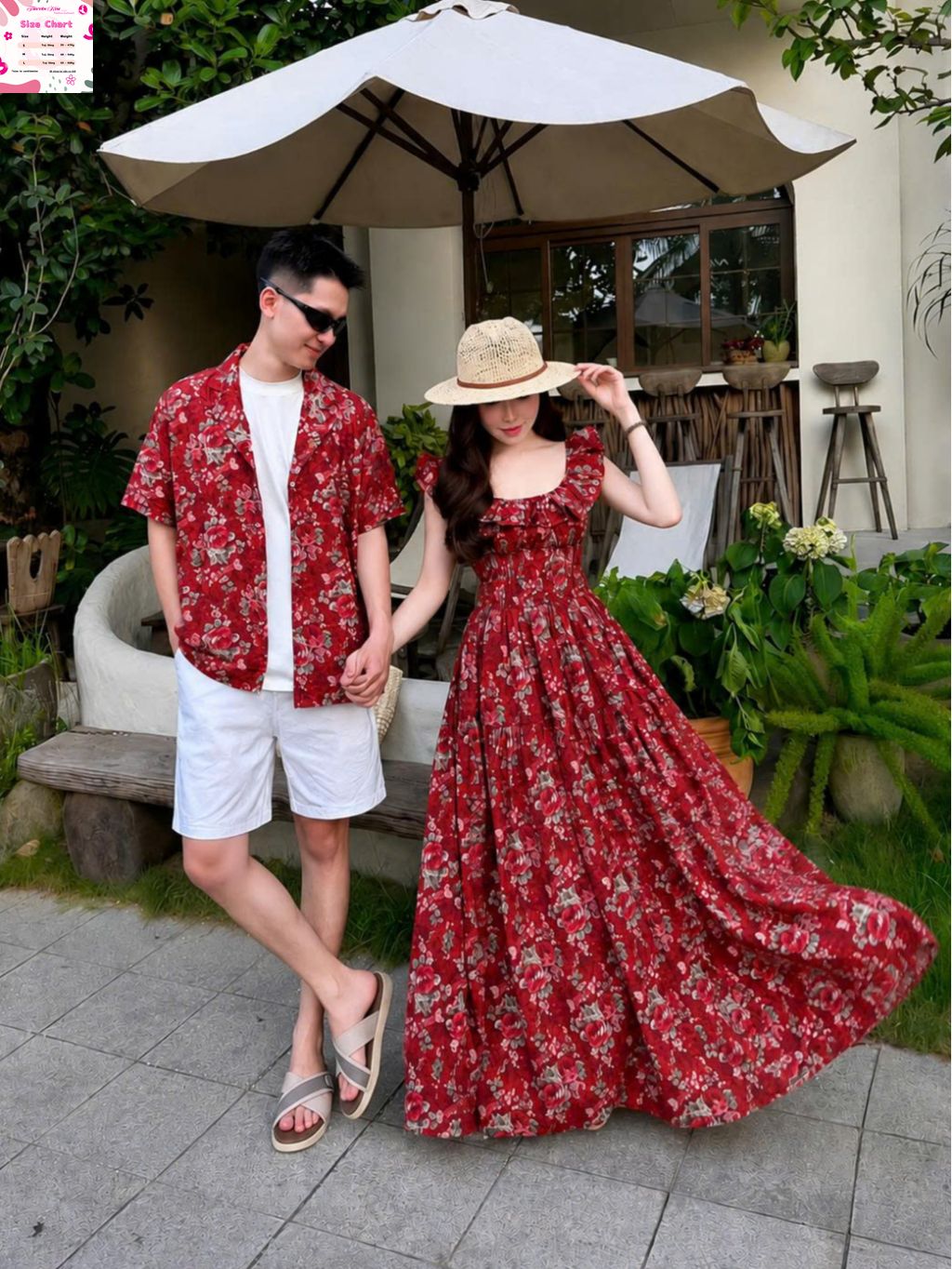 Đầm váy dài, Đầm xoè Lụa Hoa bèo vai có mút kèm sơ mi set cặp couple nam nữ mùa hè đồ dôi (QC)