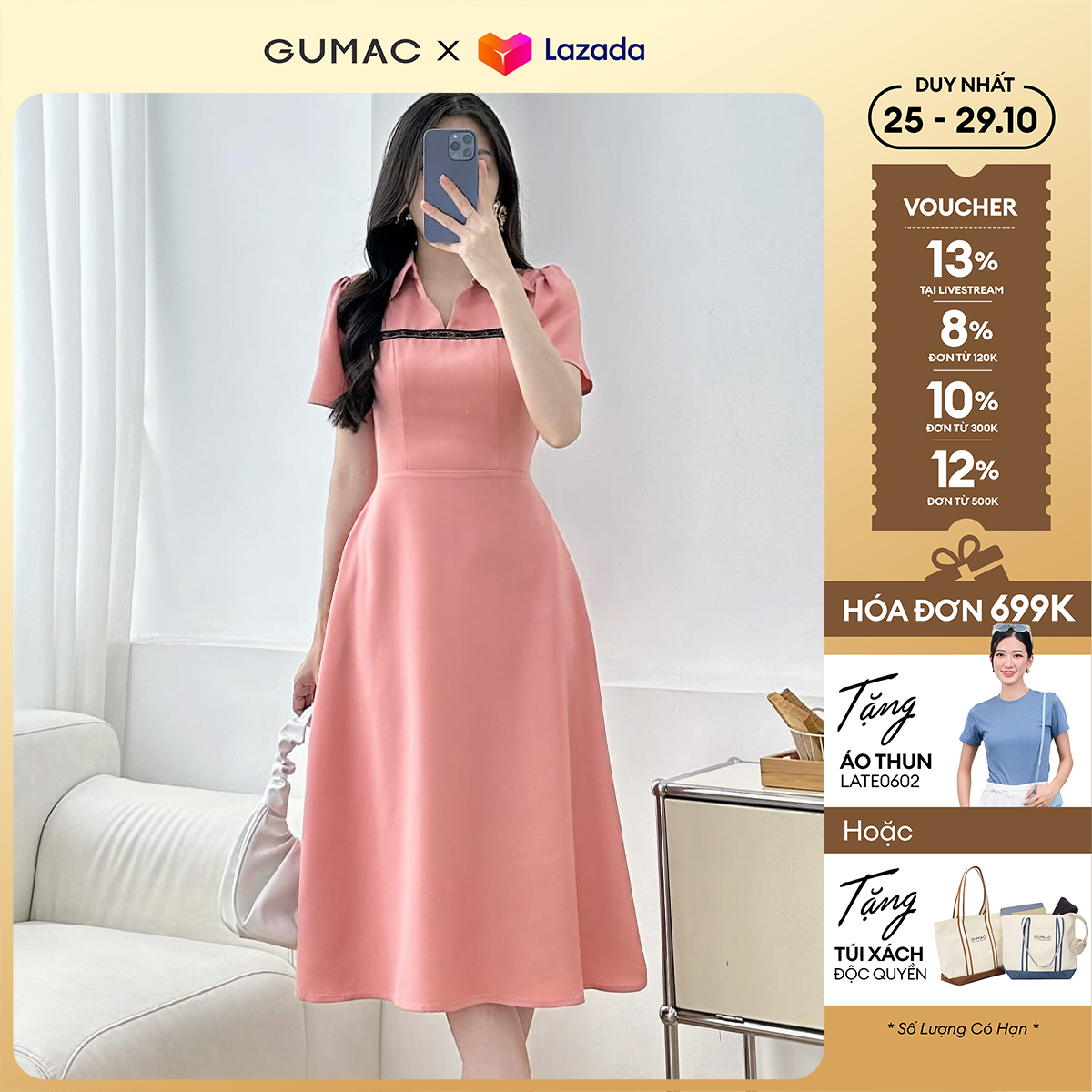 Đầm nữ dáng A xòe màu hồng cổ V sơ mi phối ren vải tằm nhung mềm mát có túi thời trang GUMAC LDF0511