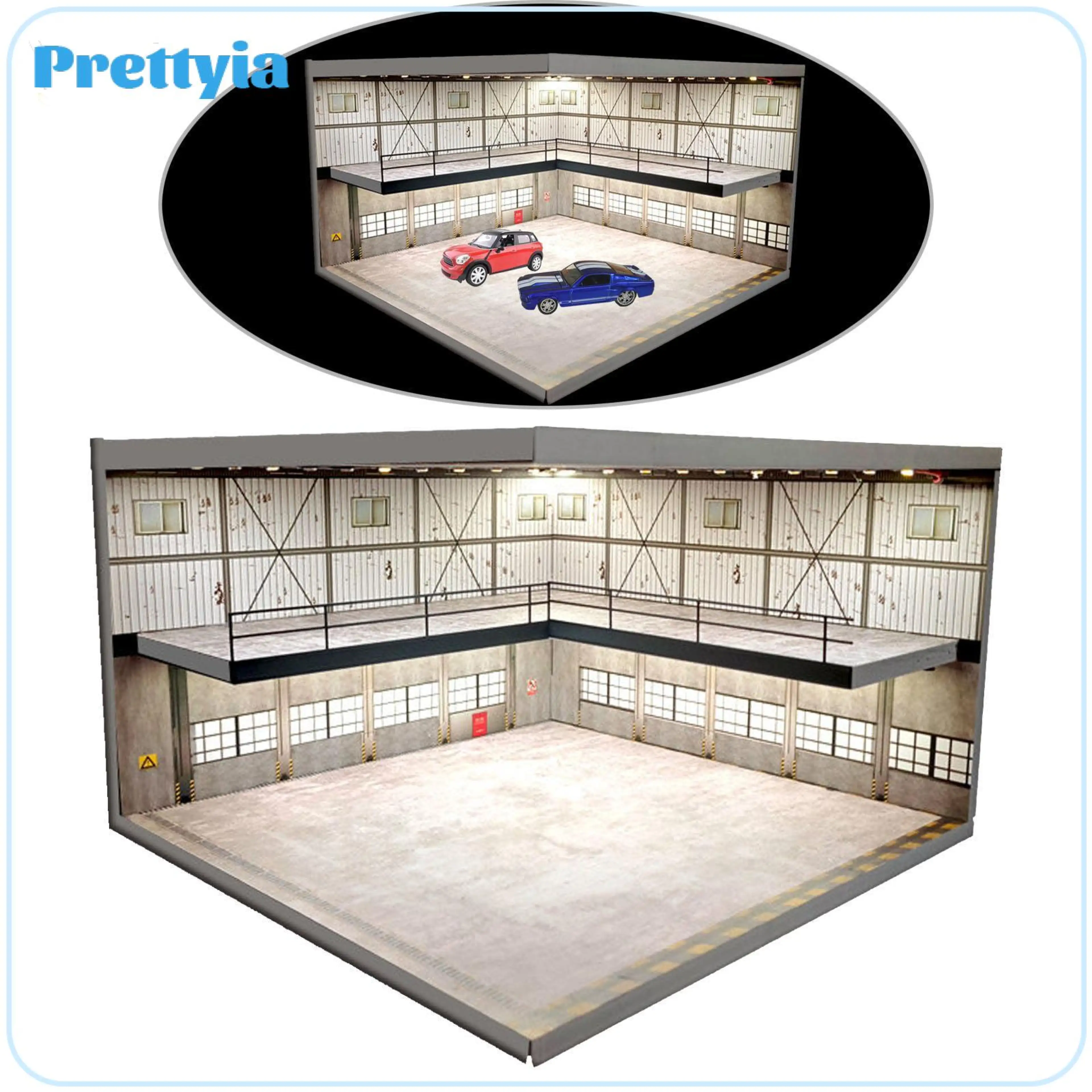 Prettyia 1/64 Diorama Display Case Garage Scene Realistic Double Layer Simulation Easy to Assemble Tabletop Decor Dustproof Showcase