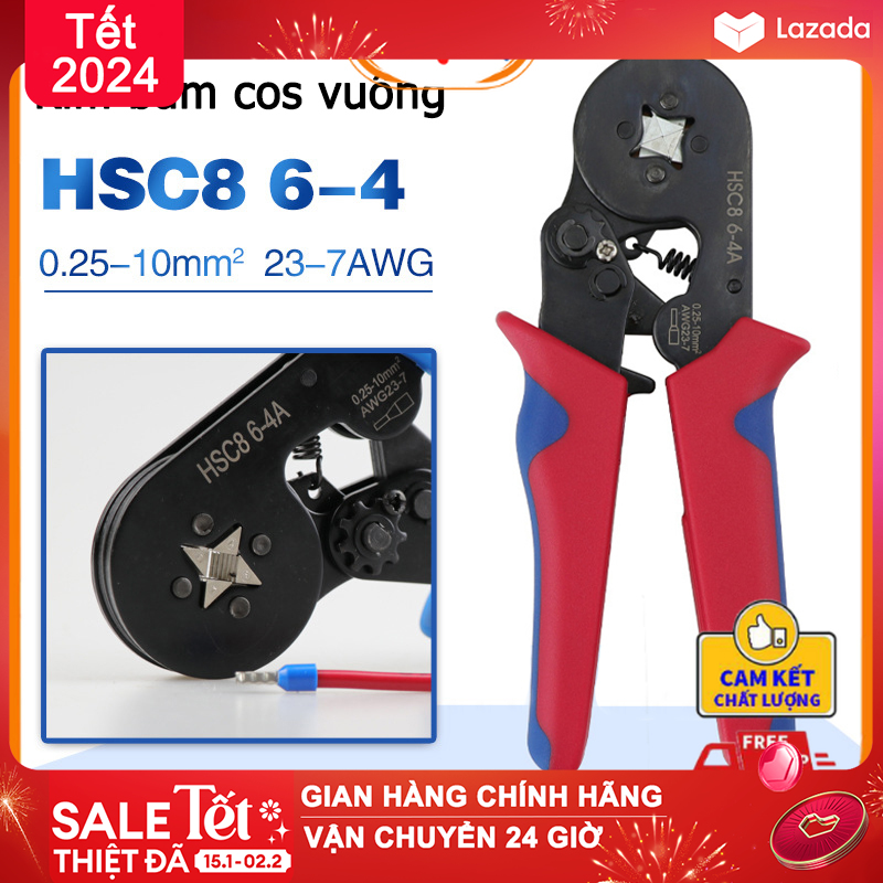 Kìm bấm cos vuông HSC8 6-4A tự điều chỉnh kèm 1200 đầu cos đủ loại cos ống tròn cos pin(Gửi 1200 phụ kiện)