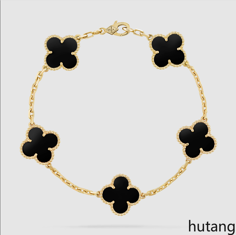 2023 Four Leaf Clovers 5 Flower Classic Vintage 18K Yellow Gold Onyx Bracelet