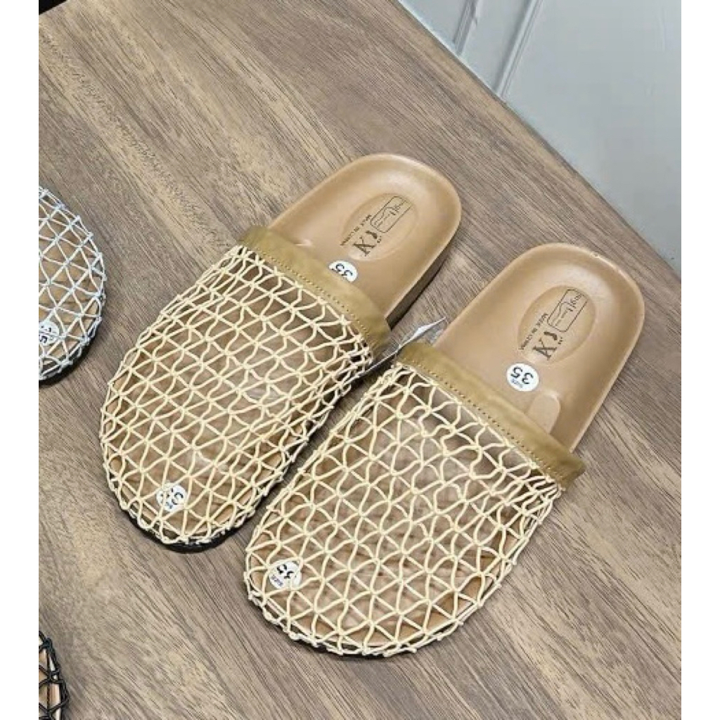 Miu Giày Cao Cấp Lưới Thoáng Khí Dệt Ngón Chân Đế Hộp Nửa Dép Nữ Mùa Hè Mới Đa Năng Fishnet Dép - 4