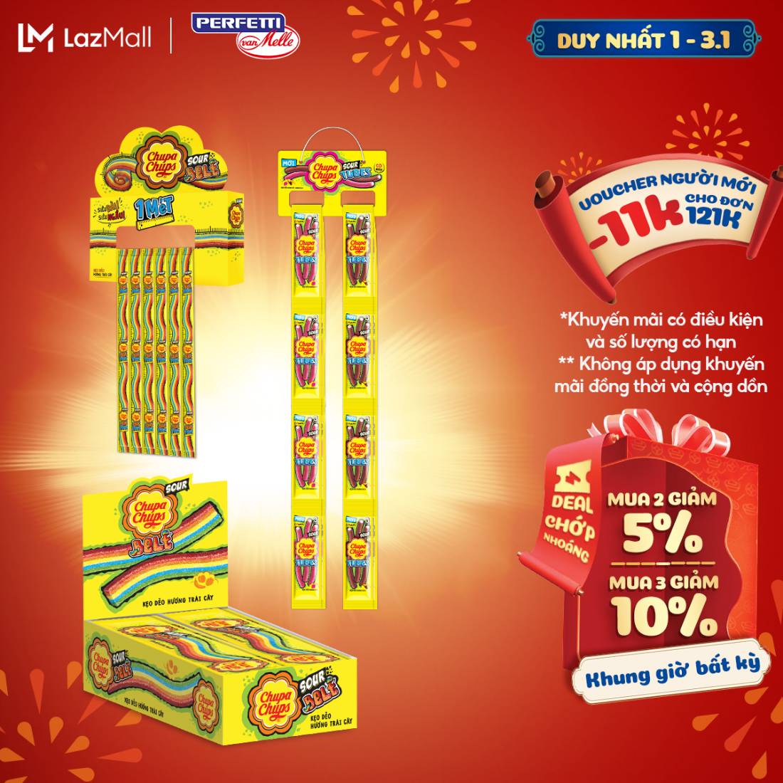  Kẹo dẻo vị chua Chupa Chups hương trái cây hỗn hợp và kẹo dẻo vị chua hình ống hương cola và dâu 