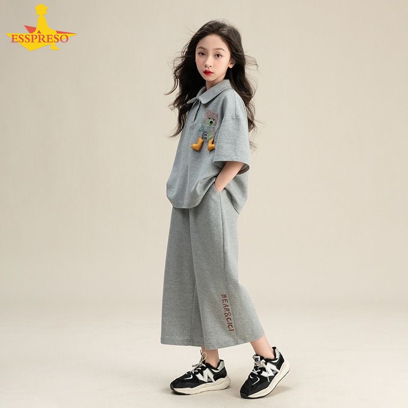 Esspreso Girls' leisure suit Medium children's cartoon short sleeve fashion wide leg pants two-piece set ราคา  455 บาท*ส่งฟรี