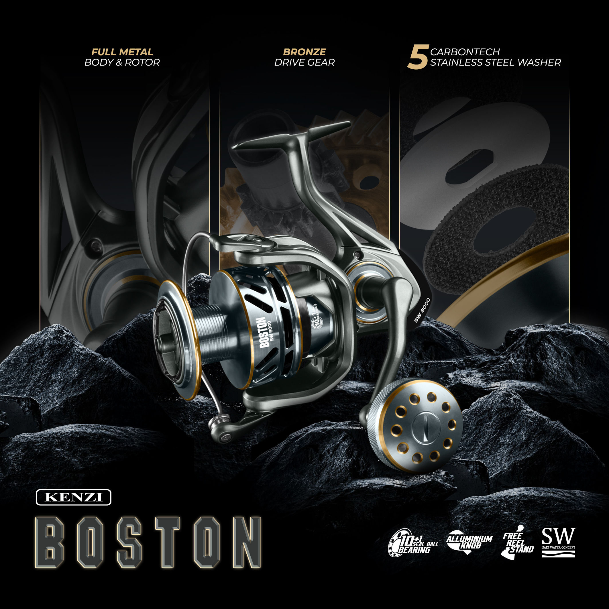 REEL KENZI BOSTON SW 8000 Full Metal Saltwater 10+1 bearings Power Drag 30Kg Spinning Premium Free Reel Stand Grease Oil Harga 885,000 rupiah*Gratis Ongkir