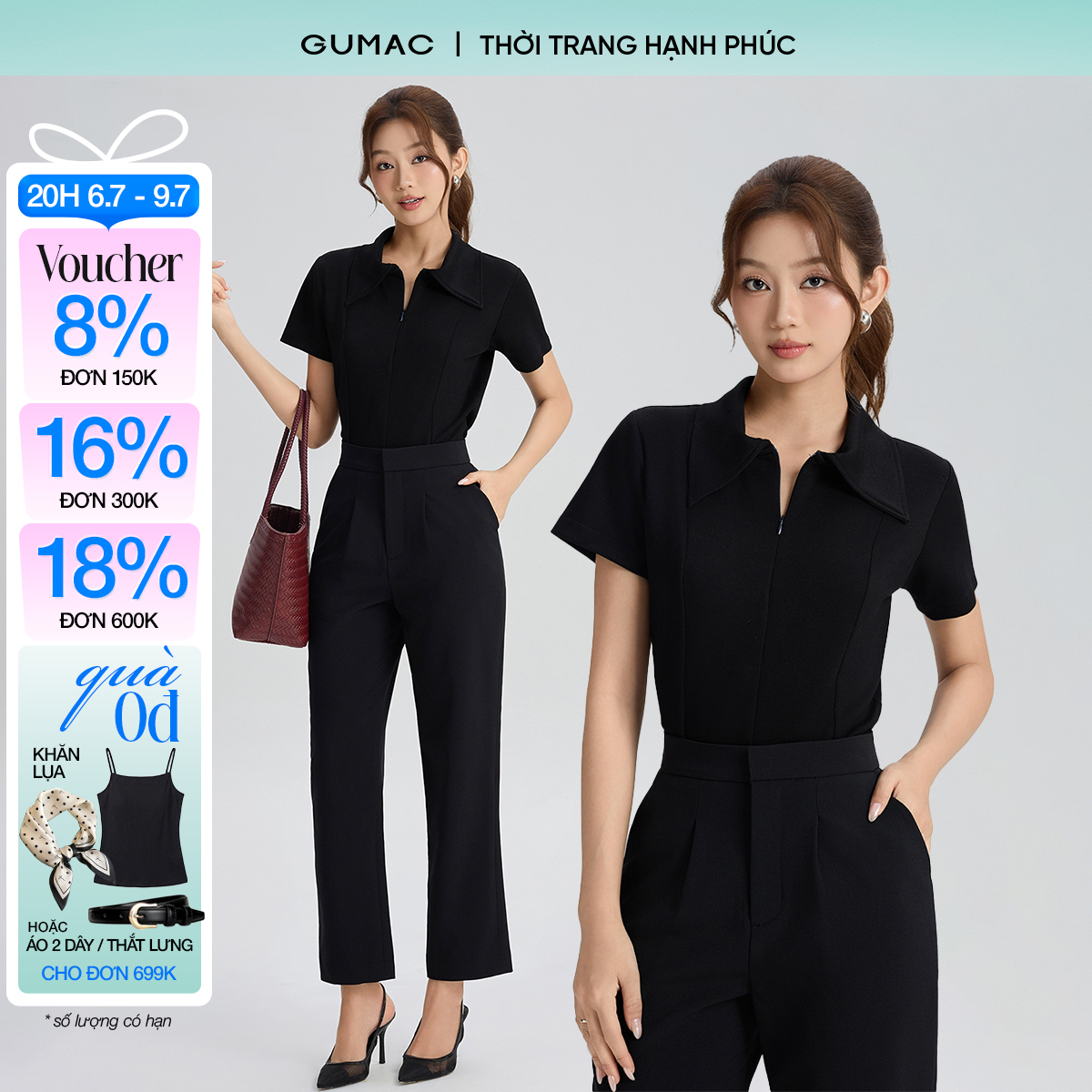 [20H 6.7 - 9.7| Voucher 10-18%] Áo Polo Nữ Phối Lá Cổ Dài Gumac Phom Ôm Slim Cổ Áo Thân Trước Có Dây Kéo Giọt Nước Thời Trang APG05021