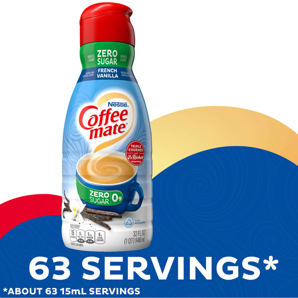 KEM SỮA KHÔNG ĐƯỜNG - ÍT CALO Nestle Coffee Mate French Vanilla Liquid Coffee Creamer, Zero Sugar, Reduced Calorie - Chất kem sữa đặc sánh gấp 2 và tạo bọt kem bông lên gấp 3 lần so với sữa thông thường - Pha kem sữa với lượng vừa đủ tùy khẩu vị, vào món