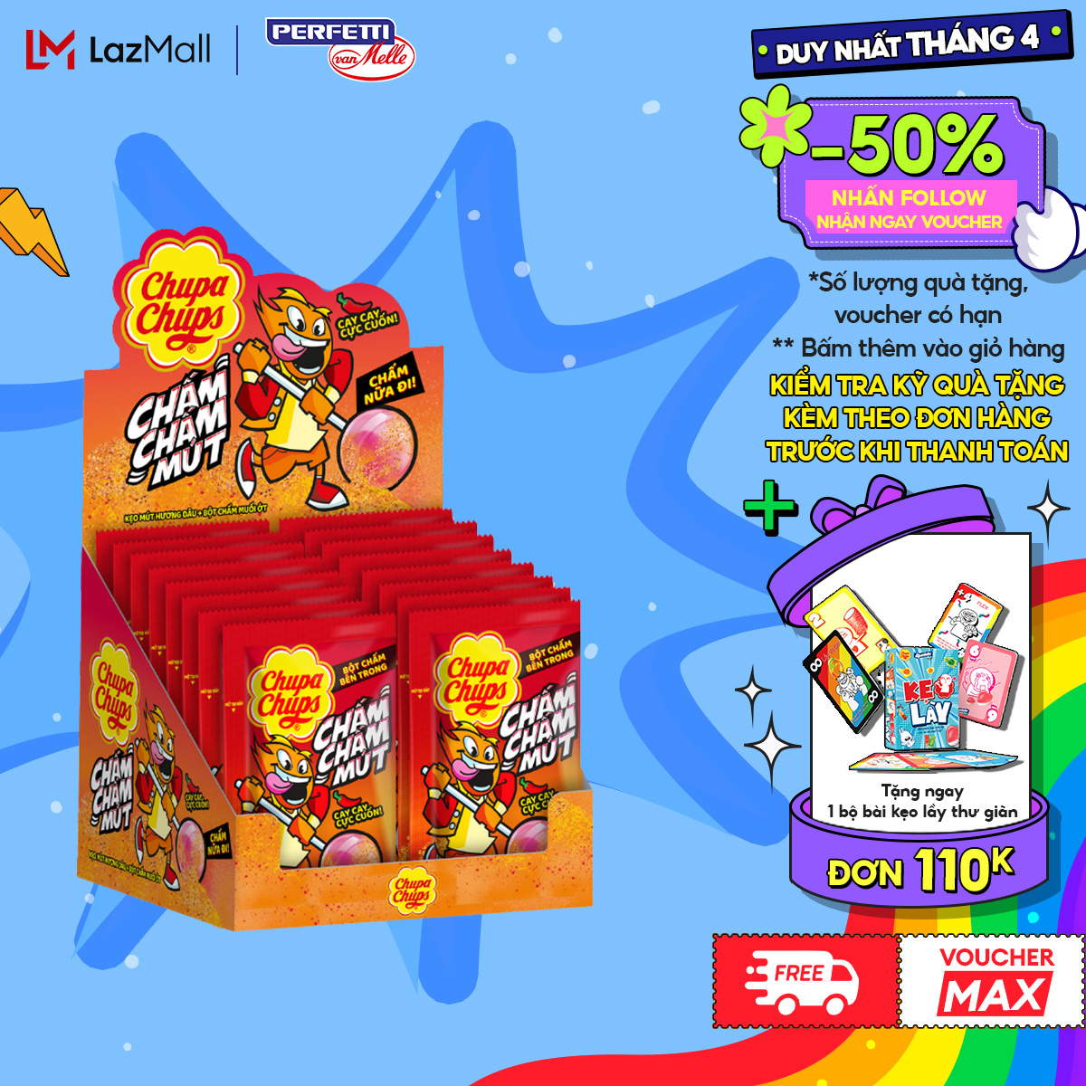 Kẹo Mút Chupa Chups Chấm Chấm Mút (Hương Dâu kèm muối ớt) (Hộp 16 gói)