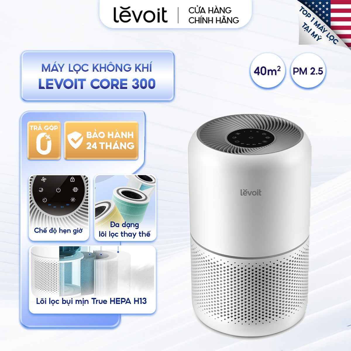  Máy Lọc Không Khí Levoit Core 300 40m2 |  Lõi HEPA 3 lớp lọc bụi mịn - Hẹn giờ - Màn điều khiển - Chế độ ngủ 