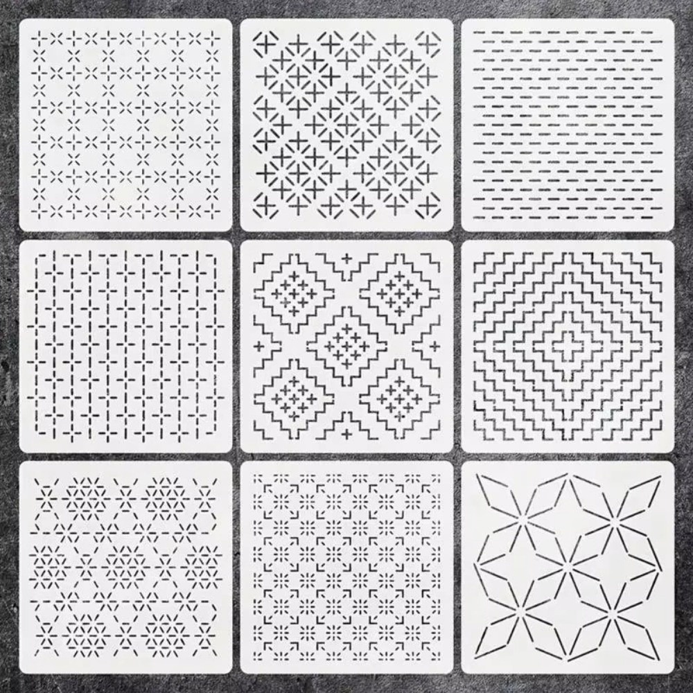 JCZX 9/32Pcs Handmade Sashiko Embroidery Template Geometric Reusable PET Stencil Translucent Patchwork Stencil Embroidery Handicraft Tools