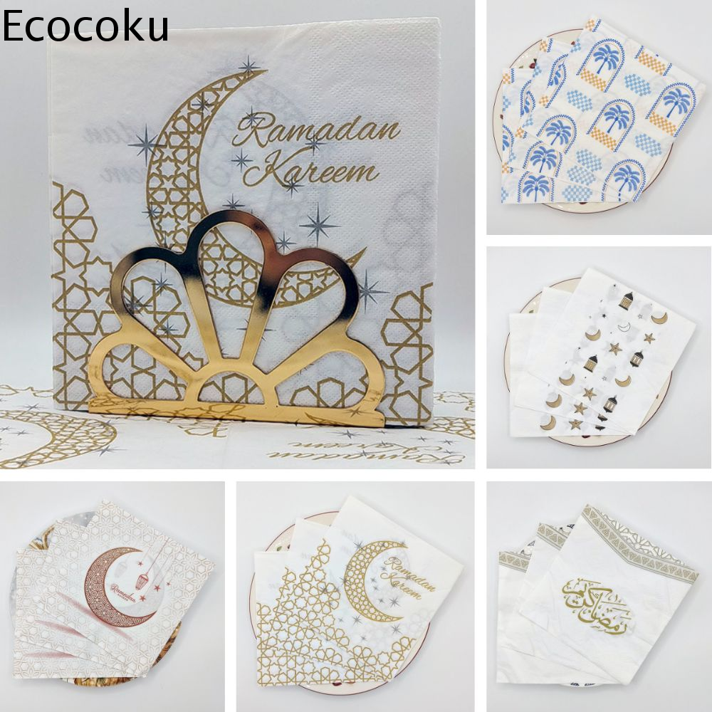 ECOCOKU 20Pcs Dùng một lần Khăn ăn Eid Al-Fitr Lớp đôi Đã in Khăn ăn Ramadan Ngôi sao  trăng Không mùi thơm Khăn ăn Eid Mubarak Lễ hội Trung Đông
