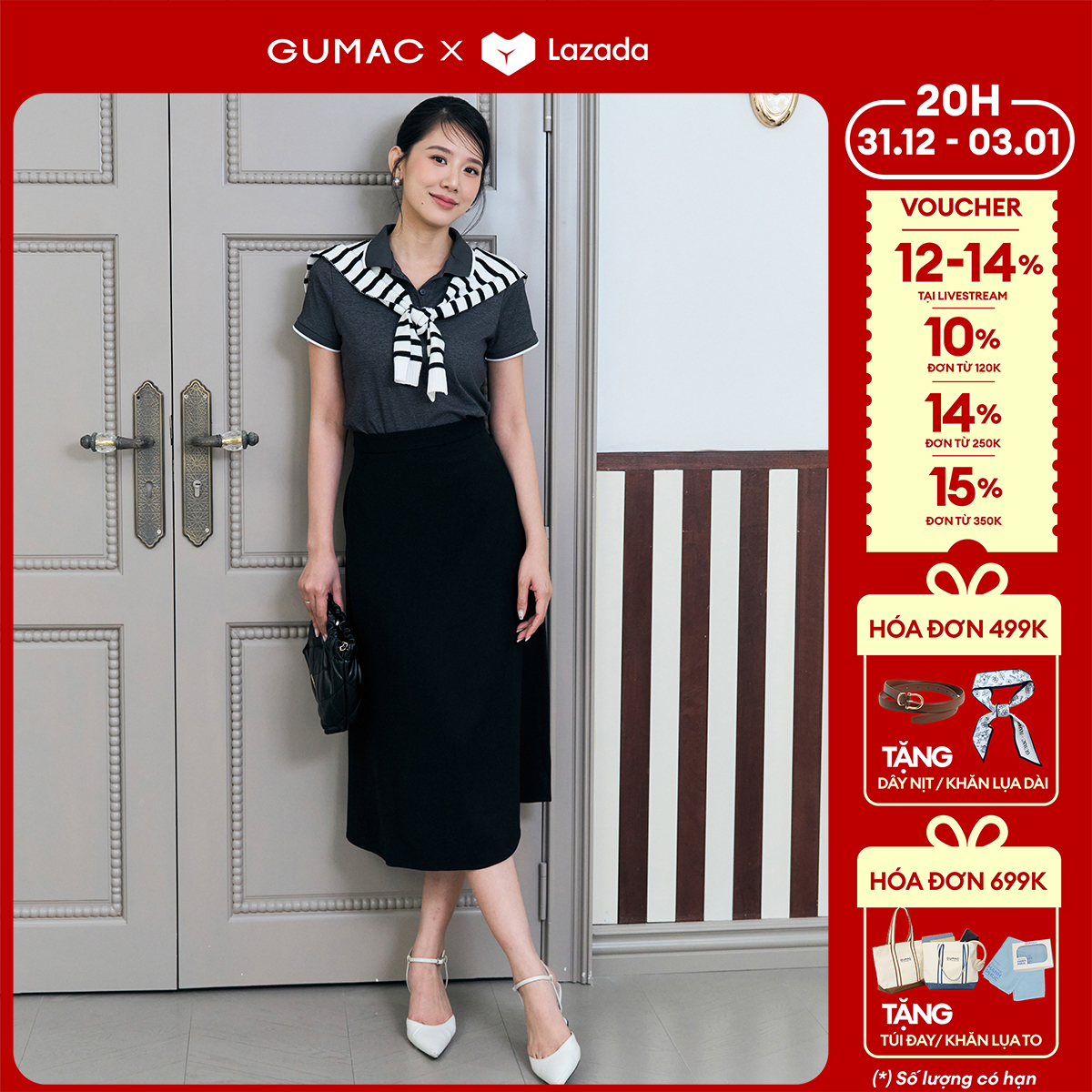   1.1 - 3.1| Voucher 10-15%  Chân váy nữ đuôi cá midi dài A xòe có túi tôn dáng công sở dày dặn thời trang GUMAC LVF1018 