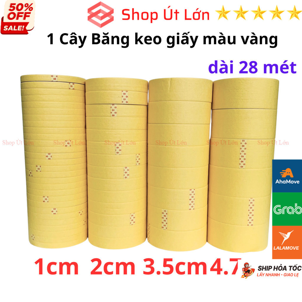 Băng keo giấy màu vàng, rộng 1cm - 2cm - 3.5cm - 4.7cm, dài 2 mét mỗi cuộn, lõi giấy 3mm - Shop Út Lớn