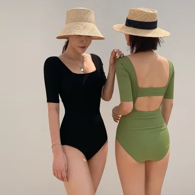 Swimwear - Backless Swimwear Short Sleeve Women One Piece Beachwear Swimsuit - Black