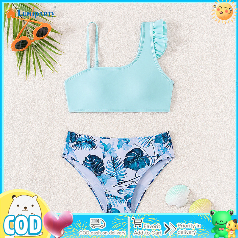 Girls Bikini Swimsuit Two Pieces Leaves Printing Ruffle One Shoulder Summer Beach Bathing Suit For Indoor Outdoor Swimming Infant Girl Toddler ราคา 202 บาท*ส่งฟรี