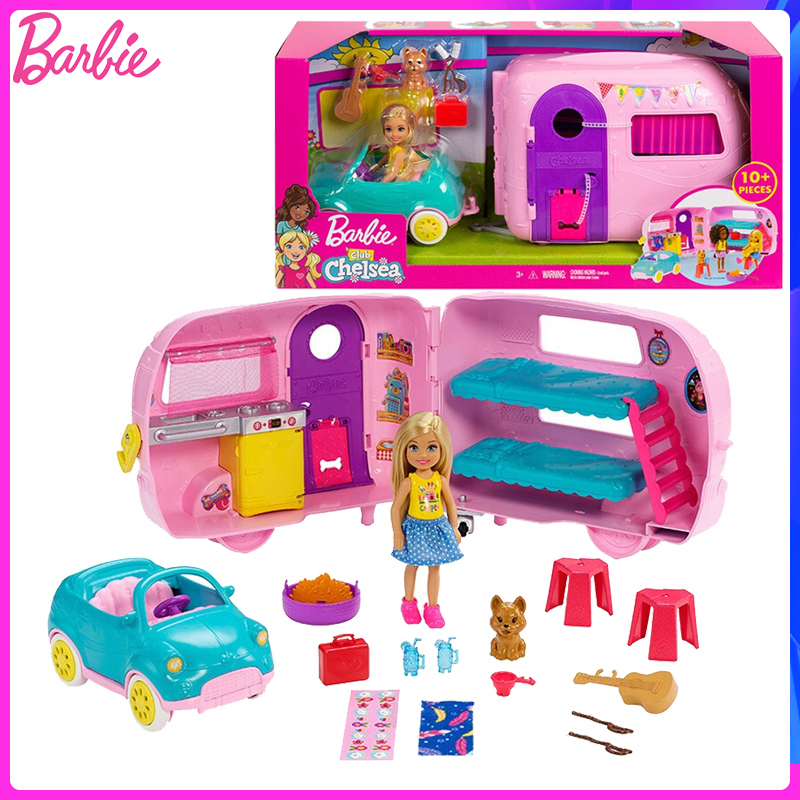 Barbie Câu lạc bộ chính hãng Xe cắm trại Chelsea Series Playset với búp bê
