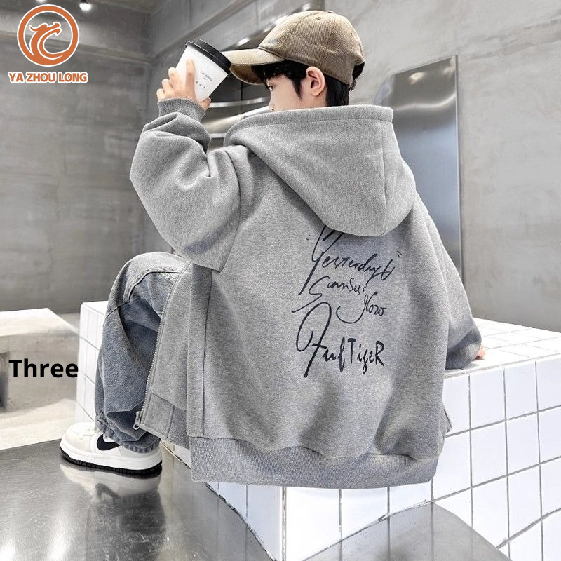 Áo hoodie lót lông cừu ấm áp dài Ya zhou cho bé trai mùa thu đông 2025 phong cách mới áo khoác có khóa kéo thường ngày có thiết kế in chữ cái và Túi