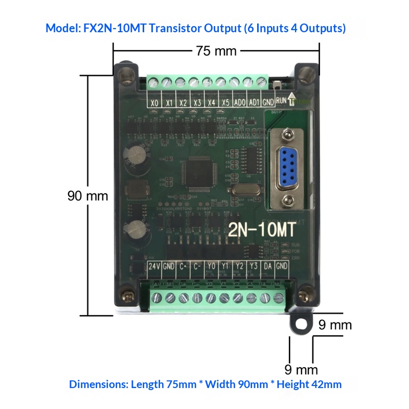 Board Mạch PLC Mitsubishi HH FX2N 10MT/MR - 32MT/MR AD/DA-232 HH2N  tải chương trình RS232 DB9 nguồn điện 24V GX-Works2 - FX2N-10MT Có Vỏ
