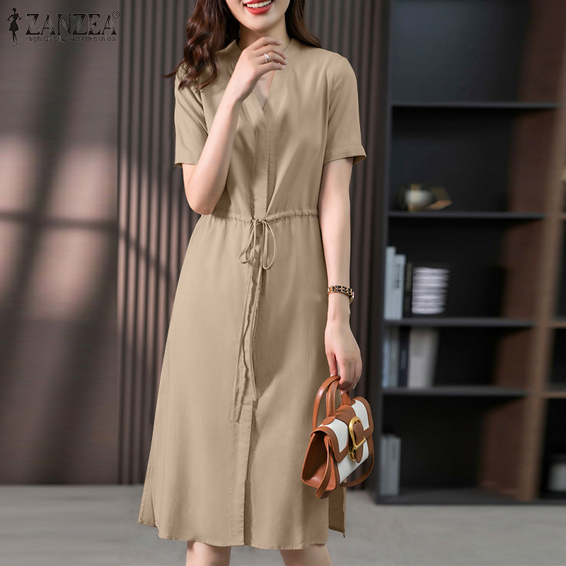 (Khuyến mãi thanh toán) Fancystyle ZANZEA ngắn tay cho nữ V cổ Thắt lưng co giãn màu trơn thường ngày Đầm Xòe Dự Tiệc #11