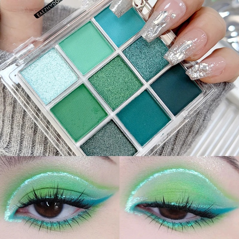 Green Nine Colors Eyeshadow Palette Matte Glitter Pearlescent Blue Purple Smoky Earth Color Eye Shadow Lasting Makeup Cosmetics