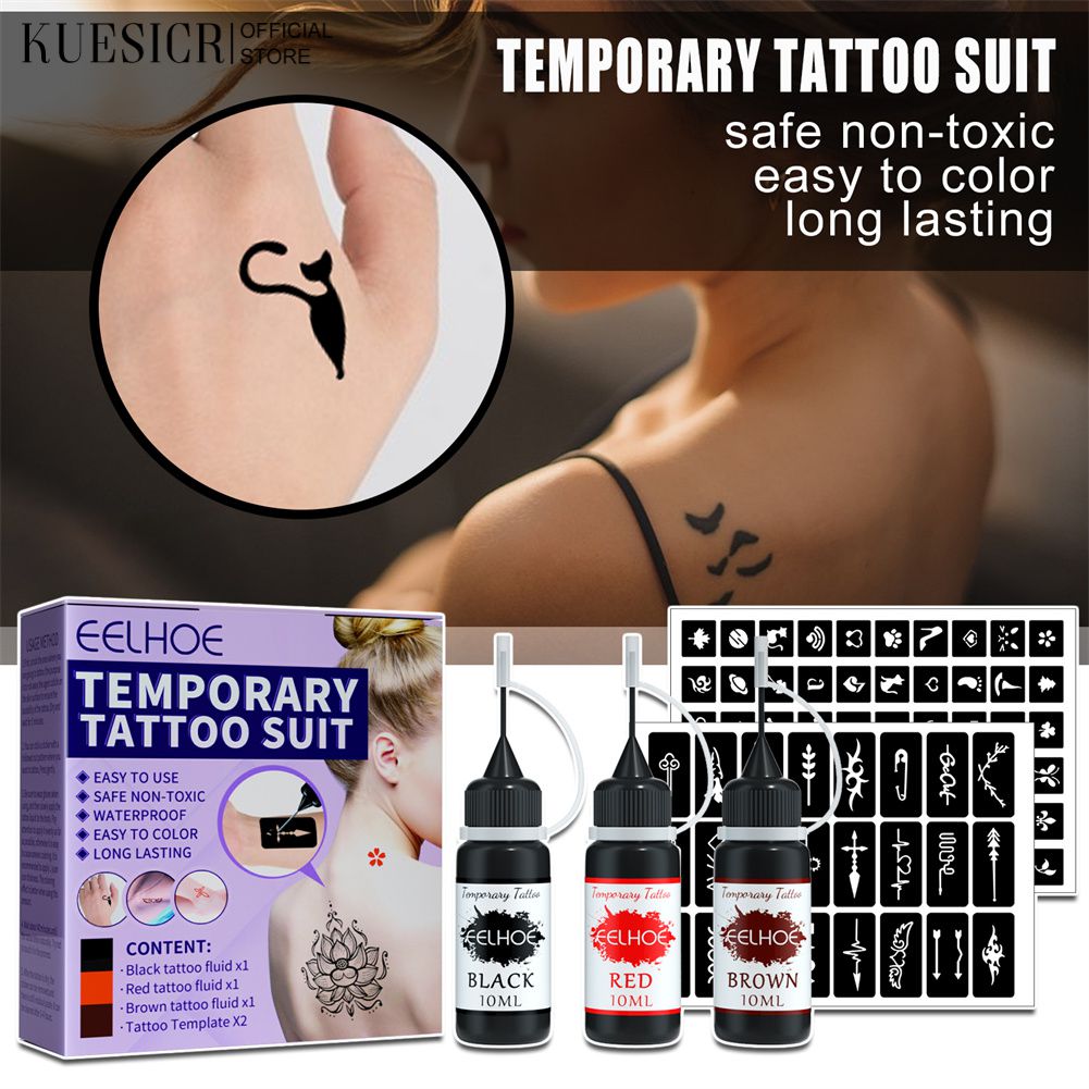 【การจัดส่ง 2-3 วัน】KUESICR EELHOE 3 Colors Temporary Tattoo Ink Set With Stencil Templates ชุดน้ำหมึกรอยสักชั่วคราว 3 สี แถมแม่แบบลายกันน้ำ ราคา 54 บาท*ส่งฟรี