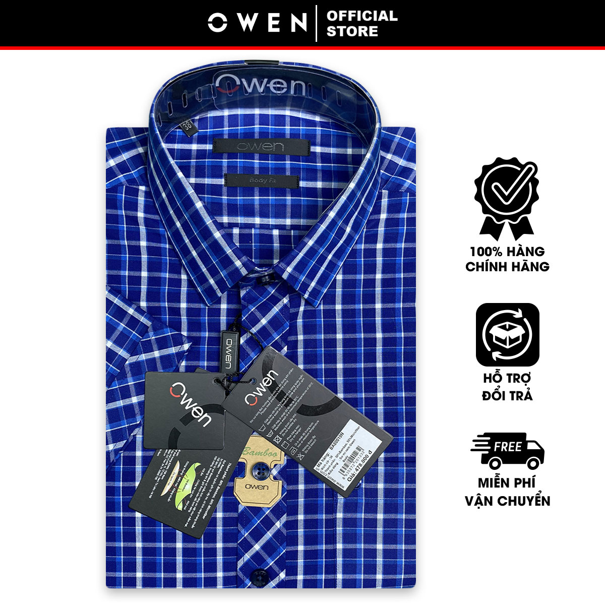 OWEN SALE - Áo Sơ Mi Owen Tay Ngắn Màu Xanh Navy - Trắng  Họa Tiết Caro Form Body Fit Lai Ngang Chín