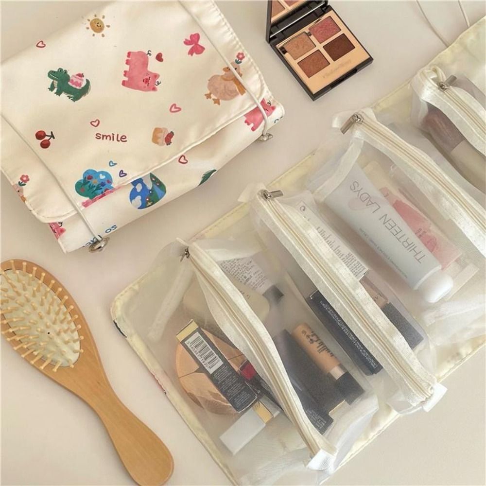 BUZHIDE In hình Gấu hoạt hình Túi đựng mỹ phẩm 4 trong 1 Dễ thương Ví giặt du lịch Túi xách Sức chứa lớn Túi đựng đồ vệ sinh cá nhân Phụ nữ