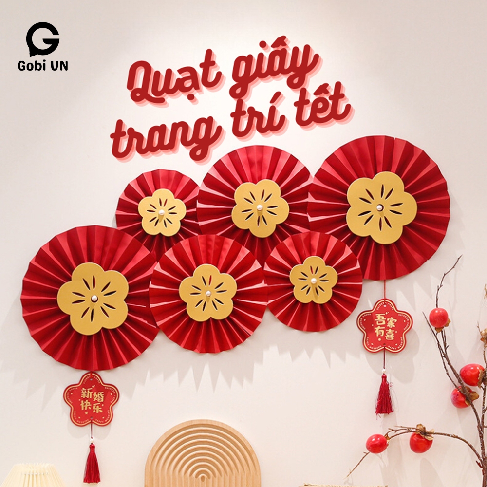 Bộ 6 quạt giấy nhung đỏ gấp sẵn gắn tường trang trí Tết, quạt giấy trang trí Tết Nguyên Đán 2024 GOBI