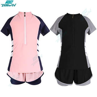 2pcs cô gái Đồ bơi họa tiết kẻ áo ngắn tay mùa hè đồ bơi kín đáo cho Junior học sinh trung học