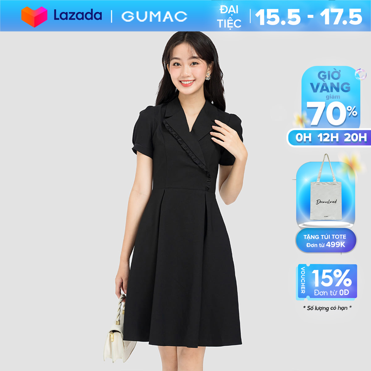 Đầm form a gumac, đầm cổ vest phối bèo dc08029