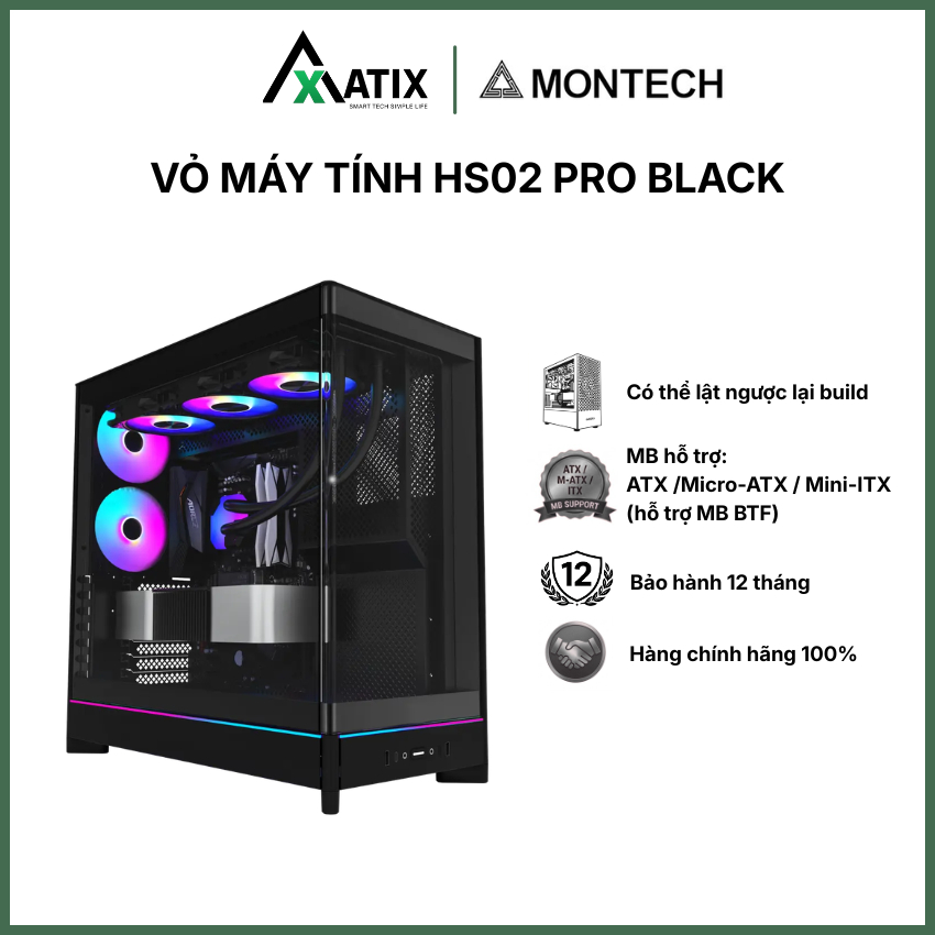 Vỏ Case Máy Tính PC MONTECH HS02 PRO | Mặt kính | Mid Tower | Sẵn 5 Fans ARGB - Bảo Hành 1 năm