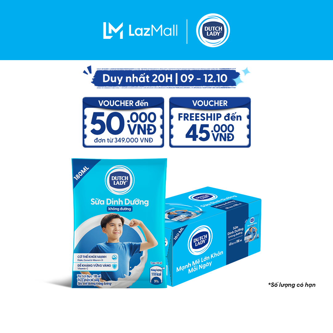 Thùng 48 Bịch Sữa Dinh Dưỡng Dutch Lady Cô Gái Hà Lan Không Đường 180ml (48x180ml)