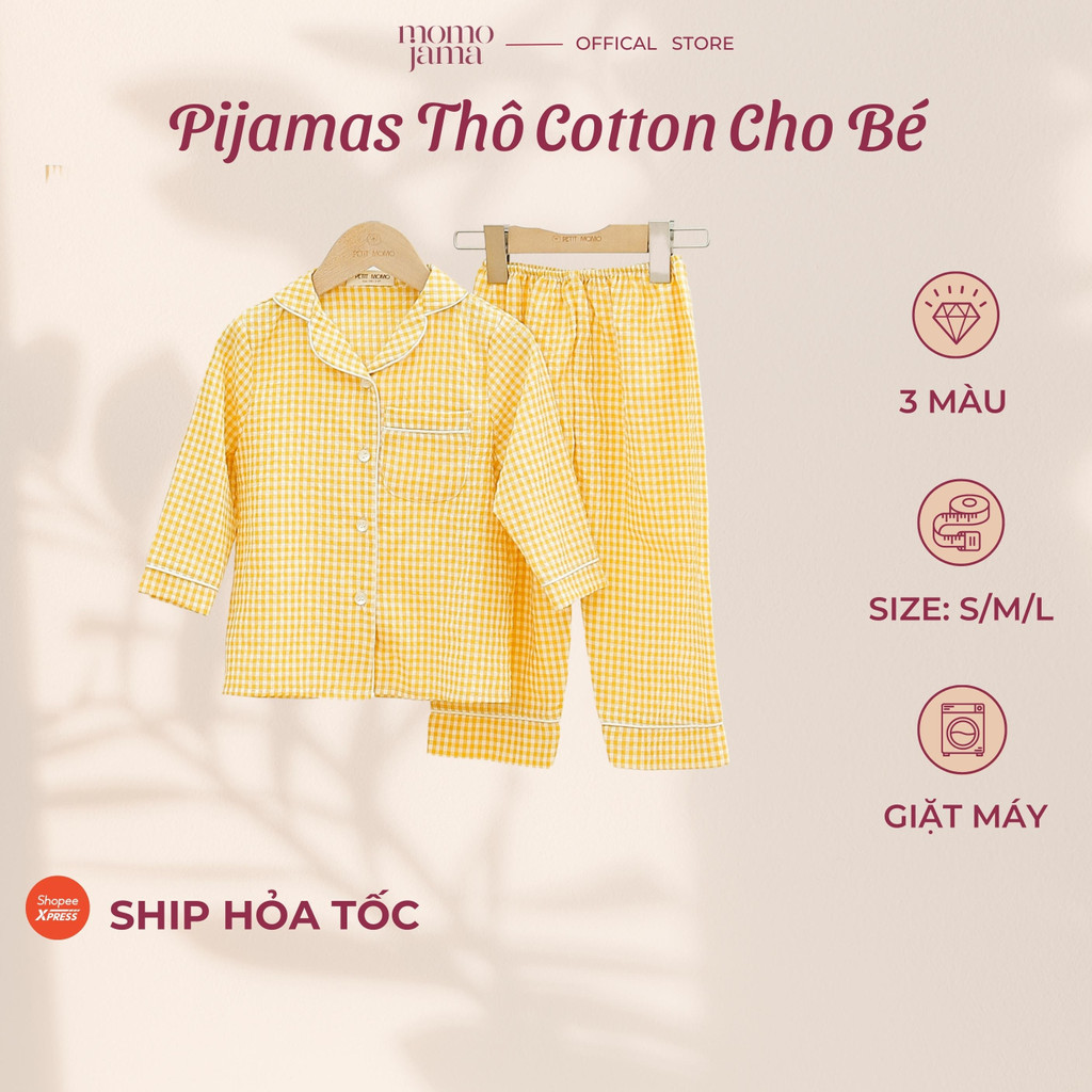 Bộ đồ ngủ mặc nhà cho bé MOMOJAMA bộ pijama dài tay quần dài chất thô gingham đồ bộ mặc nhà thanh lịch cho bé