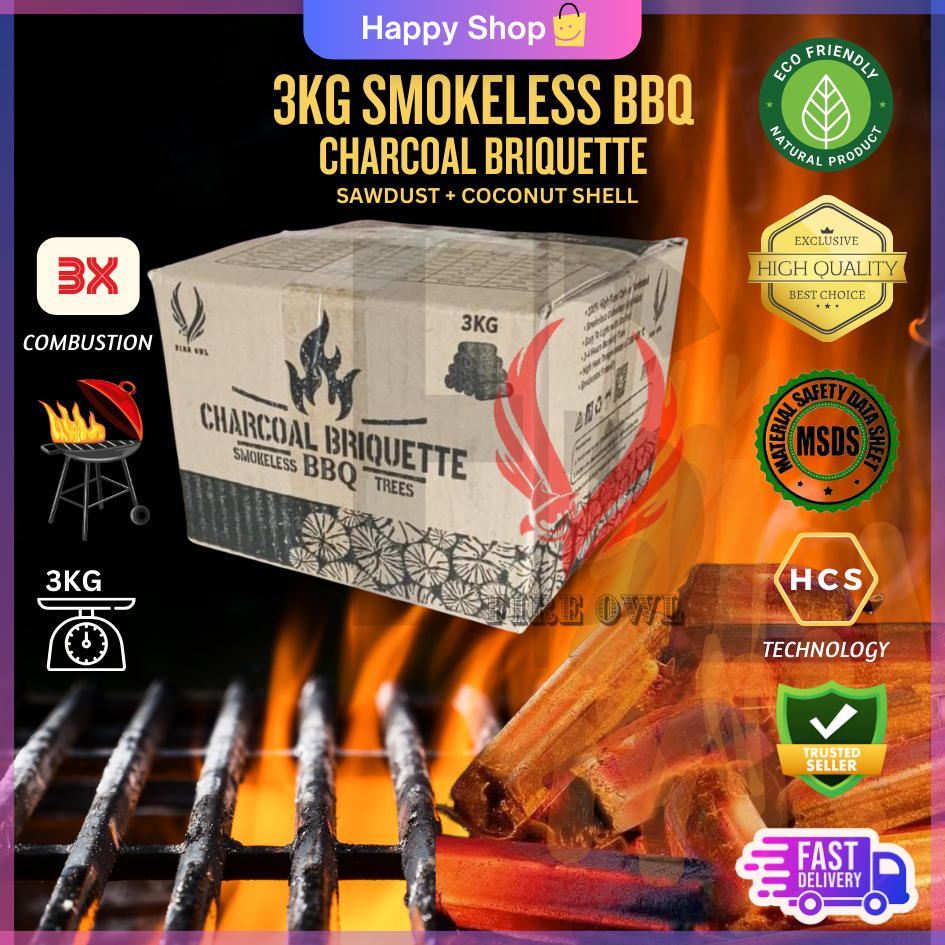 Smokeless Charcoal Briquette 3KG Export Grade With Fire Starter/Arang kayu Tanpa Asap/natural wood+coconut shall Harga 9 Ringgit*Penghantaran Percuma