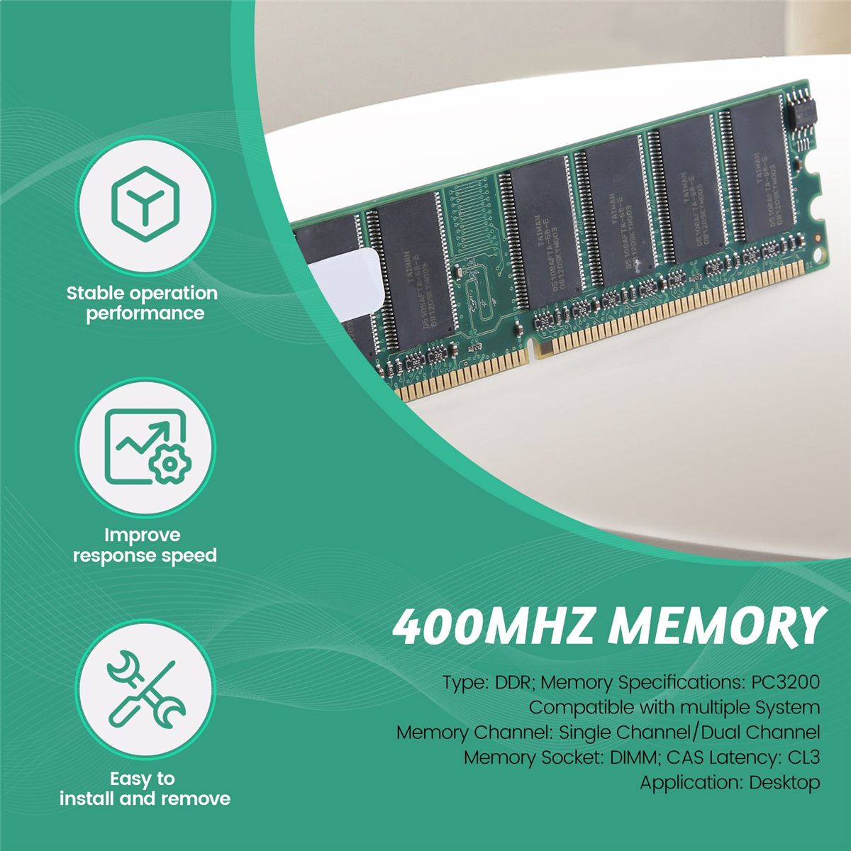(HRDA) 2.6V DDR 400MHz 1GB Memory 184Pins PC3200 Desktop for RAM CPU GPU APU Non-ECC CL3 DIMM