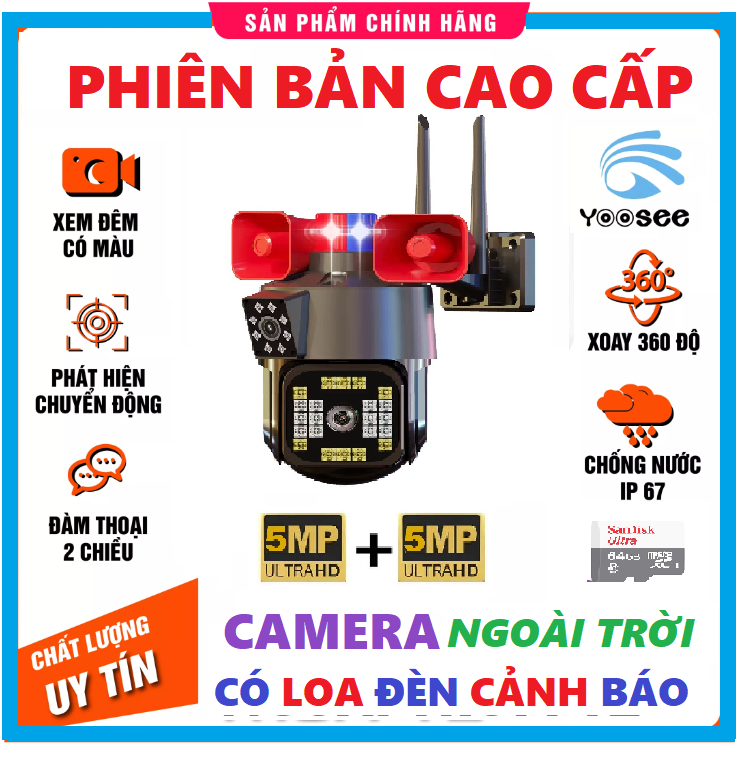 Camera IP Yoosee 2 MẮT XEM 2 MÀN HÌNH KÈM 2 LOA TO 5.0MPX xoay 360 độ xem đêm có màu hỗ trợ đàm thoại 2 chiều