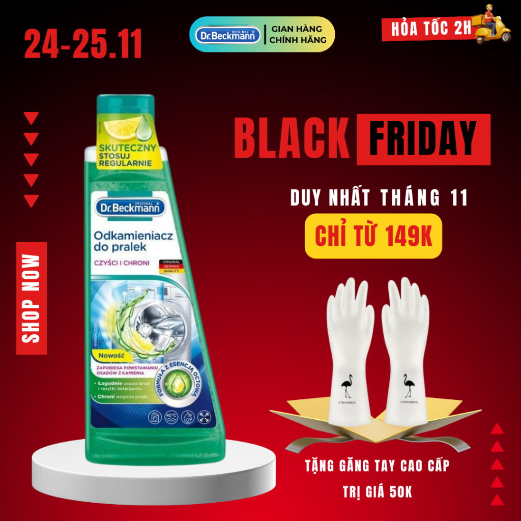 Dung dịch vệ sinh lồng giặt, Tẩy rửa cặn máy giặt Dr.Beckmann 250ml Tinh chất Giấm Chanh nhập khẩu Đức