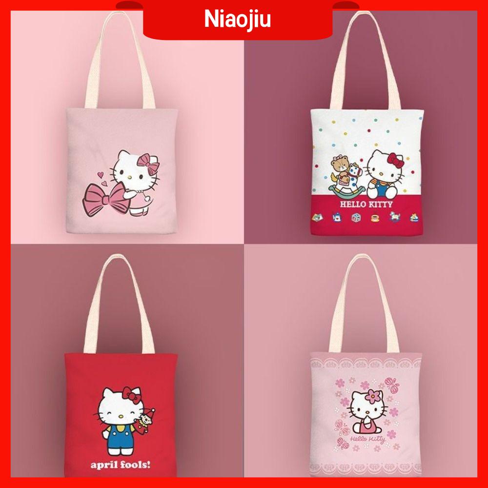 NIAOJIU Mèo kate Túi Vải Hello Kitty Hoạt hình Di động Túi tote Túi mua sắm Sức chứa lớn Túi xách đựng đồ Phụ nữ