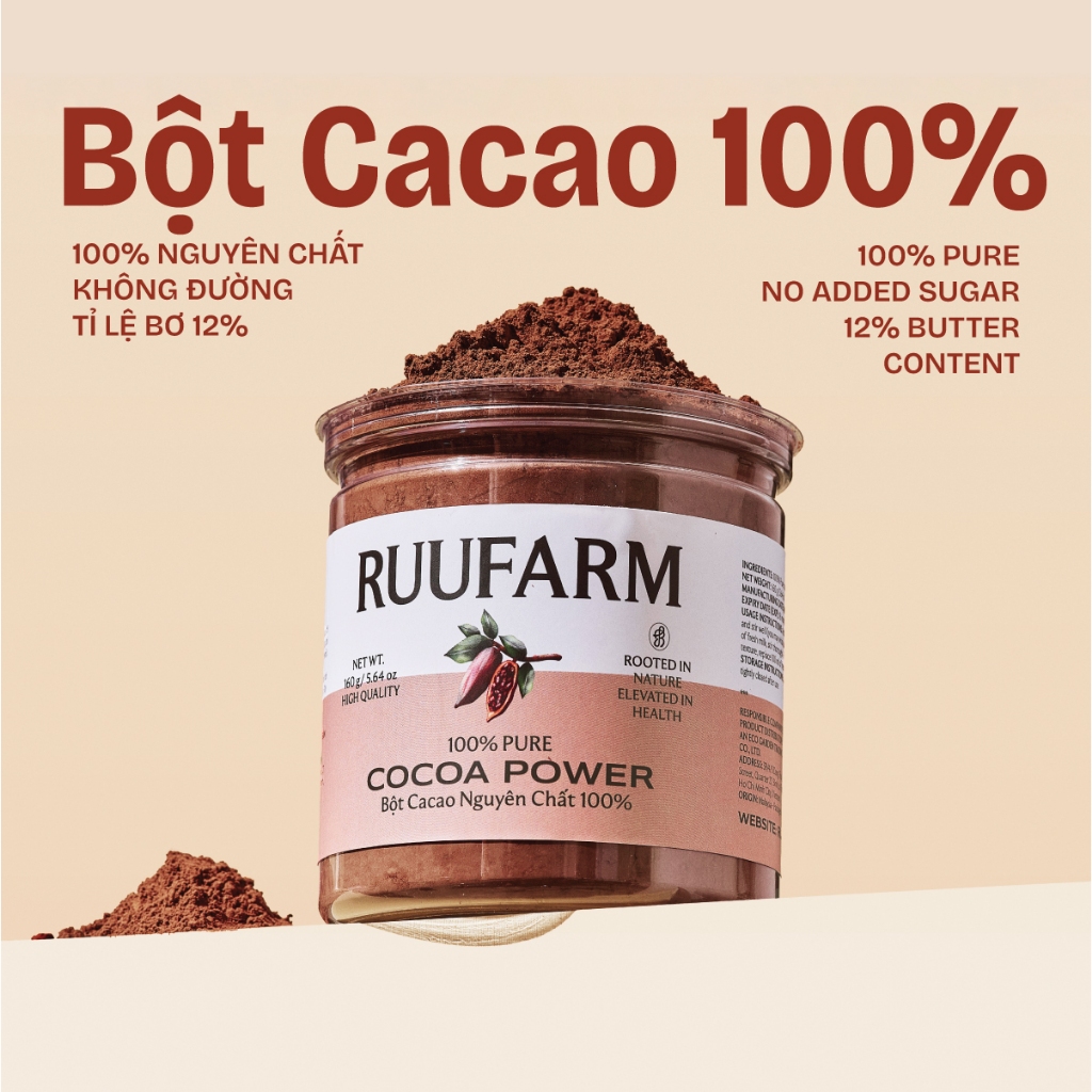 Bột Cacao Nguyên Chất 100% Ruufarm đậm vị không đường hộp 160g, 400g