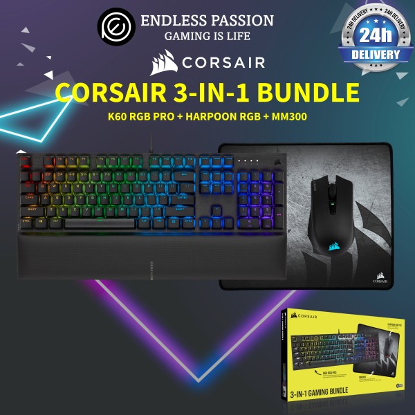 Corsair 3-in-1 Gaming Bundle - 2021 Edition (K60 RGB Pro Keyboard + Harpoon RGB + MM300 MouseMat) Singapore