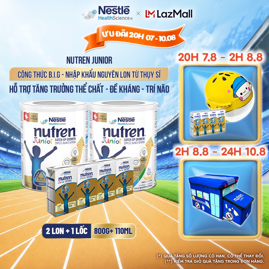 Bộ 2 Sữa Bột Dinh Dưỡng Y Học NESTLÉ NUTREN JUNIOR Xuất Xứ Thụy Sĩ Công Thức BIG Hỗ Trợ Tăng Trưởng Thể ChấtTrí NãoĐề Kháng Cho Bé 800G + 1 Lốc Sữa pha sẵn 110ML/hộp