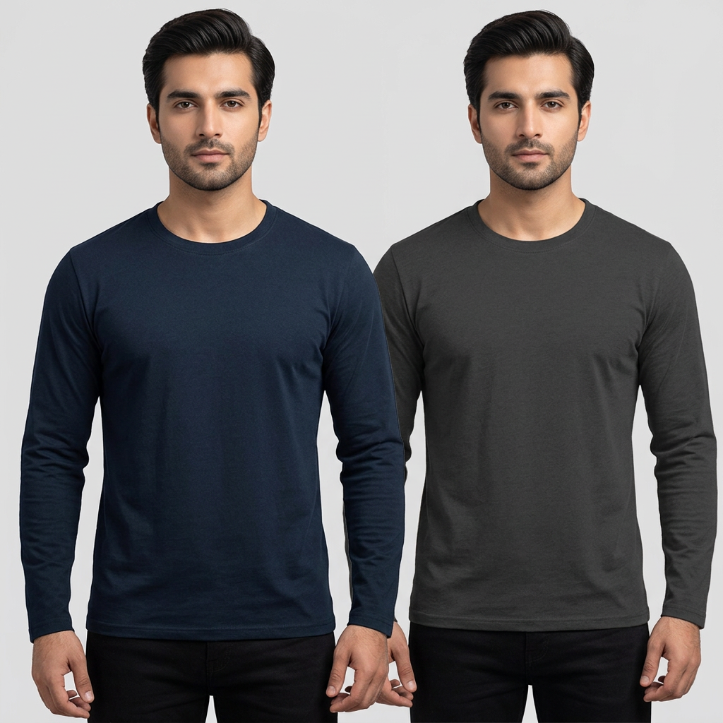 MK Garments - Pack of 2 Basic Premium  High Quality Plain Classic Contrast Colors Full Sleeve T-Shirt For Men