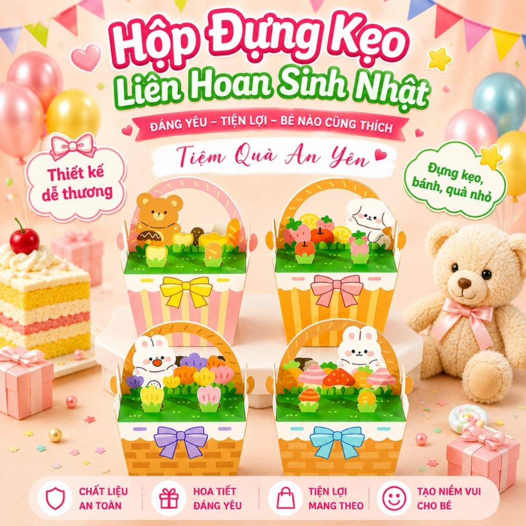 Hộp Đựng Kẹo Liên Hoan Sinh Nhật Cho Bé, Hộp Quà Bánh Kẹo Thiếu Nhi Dễ Thương Trang Trí Tiệc