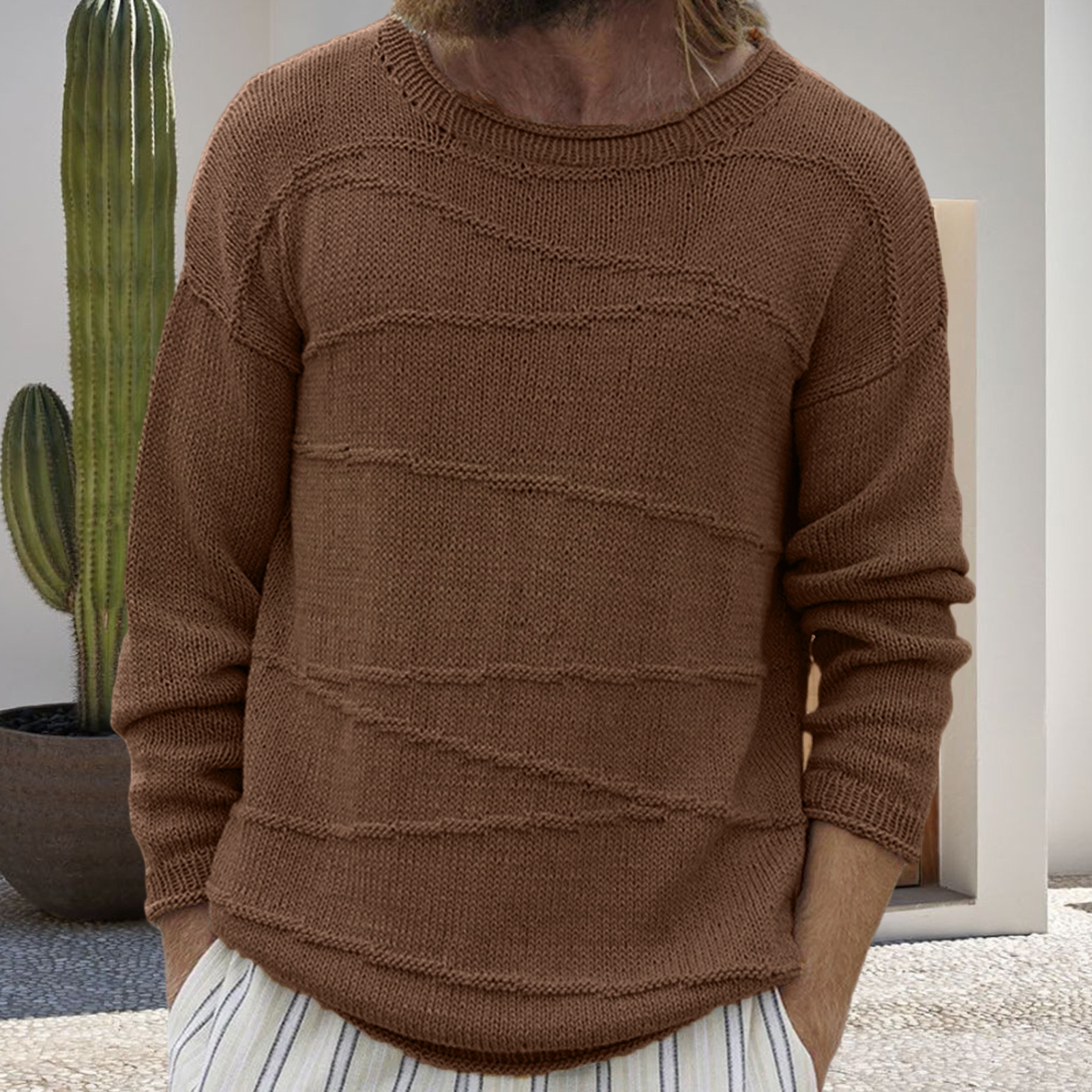 Men Solid Color Sweater Ribbed Cuff Sweater Cozy Men's Winter Sweater Loose Fit Ribbed Cuffs and O-neck Design Perfect771_voghion.com
