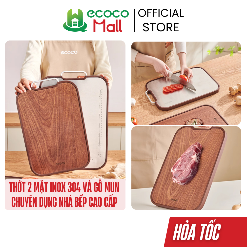 Thớt ECOCO 2 mặt gỗ mun và Inox 304 không hoen gỉ kháng khuẩn cao cấp Thớt dày 2cm kèm thước chuyên dụng cho nhà bếp